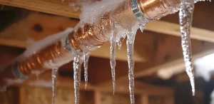 Close-up of a frozen pipe, signs and prevention tips for frozen pipes by Trade Pro Plumbing