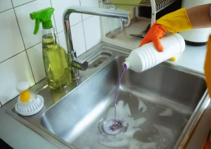 Close-up of a person pouring chemical drain cleaner into a drain, advice on safe plumbing practices by Trade Pro Plumbing