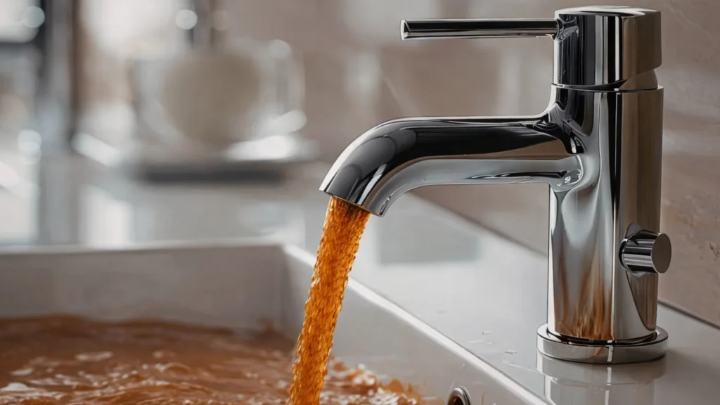 Brown rusty water flowing from a bathroom faucet