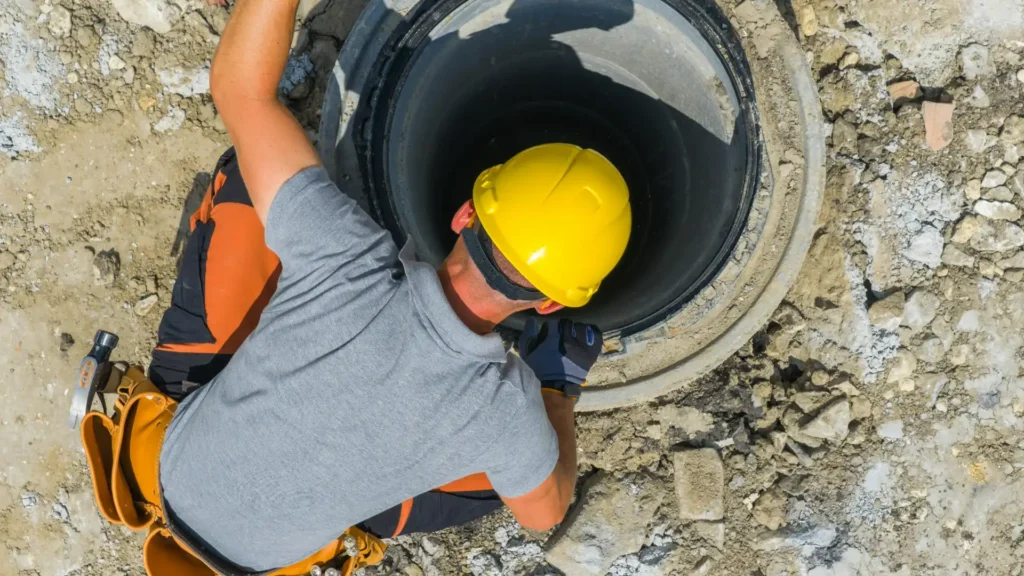 Plumber inspecting sewer line for collapse or damage