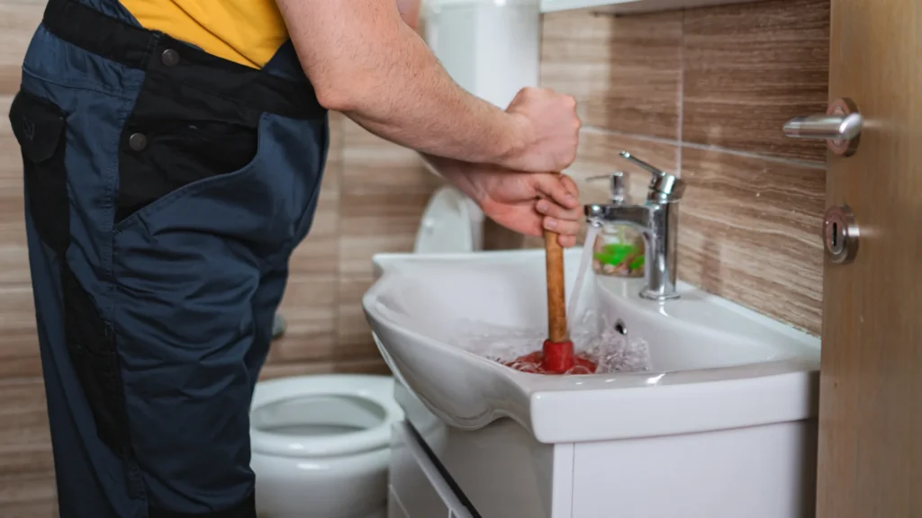 Plumber clearing a clogged sink drain in a bathroom
