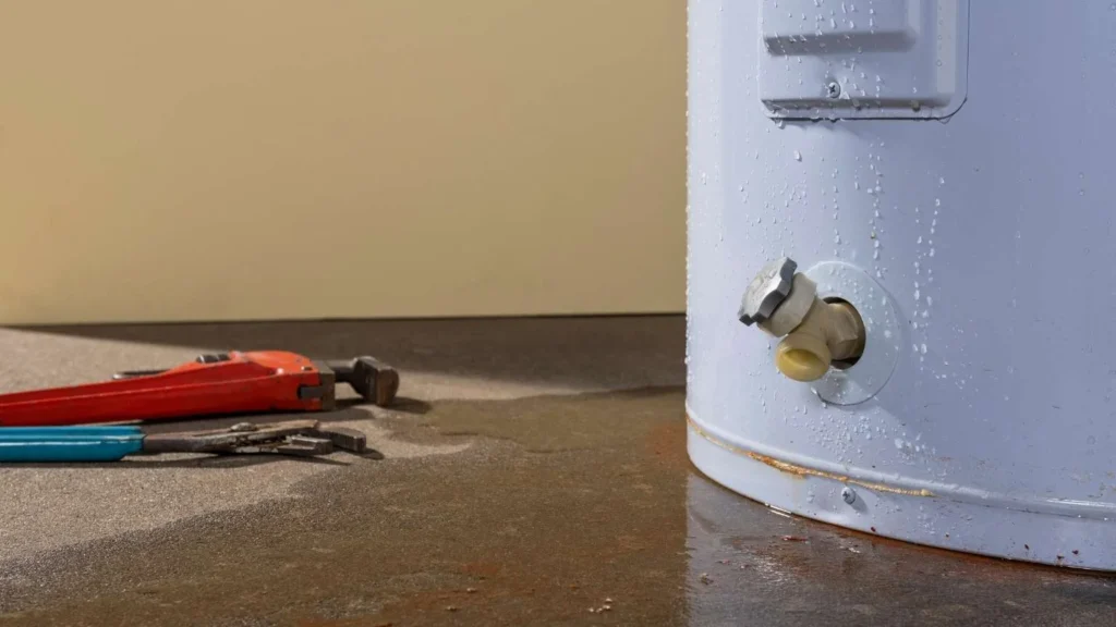 leaking residential water heater with water pooling on floor