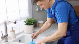 Plumber working on kitchen sink drain