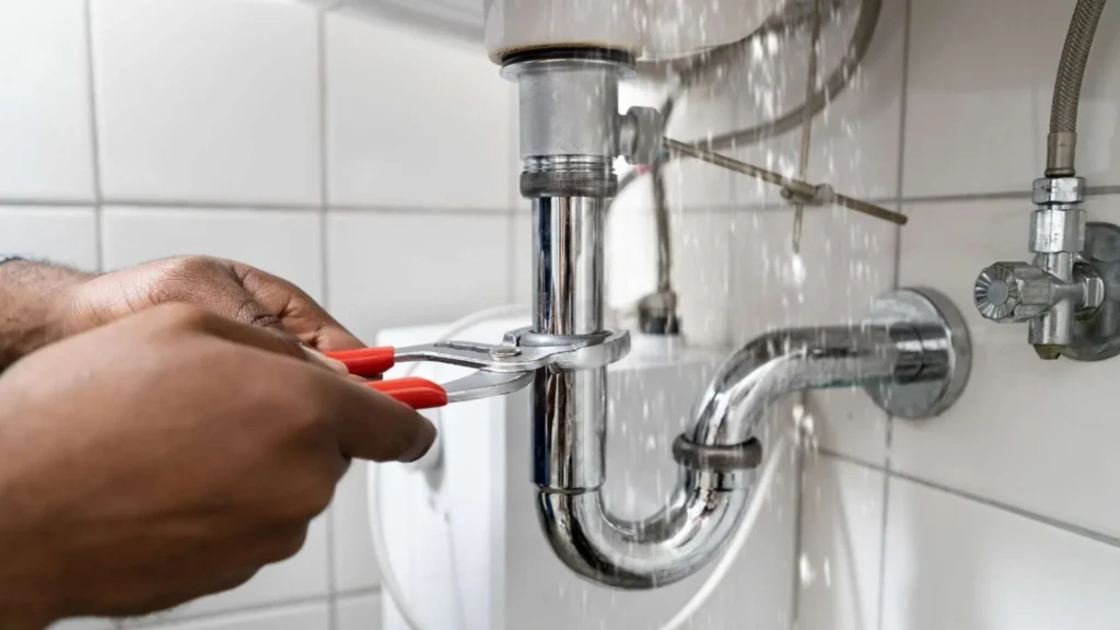 Plumber repairing a leaking sink drain pipe under a bathroom sink