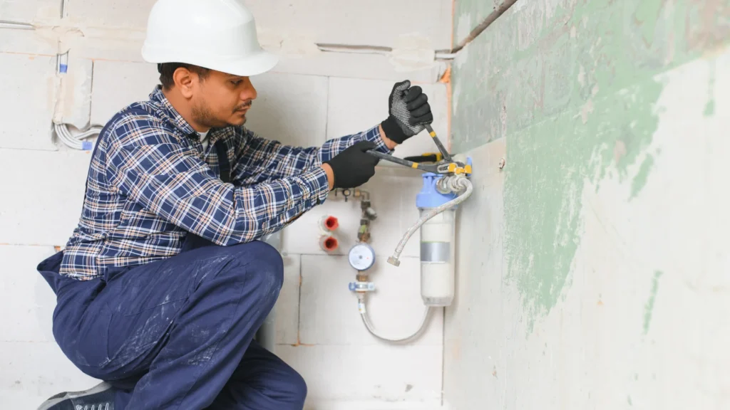 Plumber checking water pressure gauge in a Bentonville home