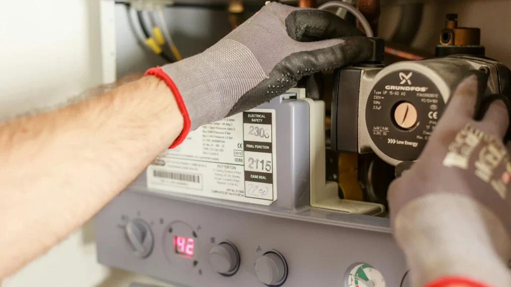 Plumber inspecting internal components of a water heater for a no hot water issue