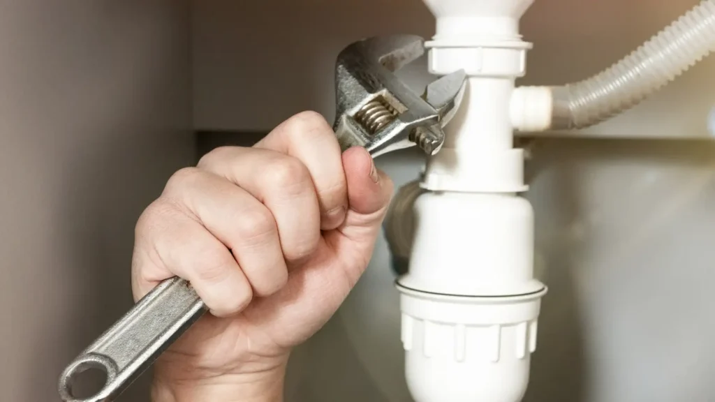 Plumber using a wrench to inspect pipes under a sink