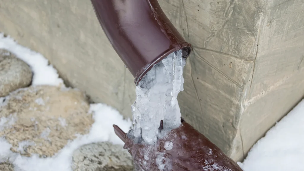 Frozen water pipes with visible frost buildup causing no water flow