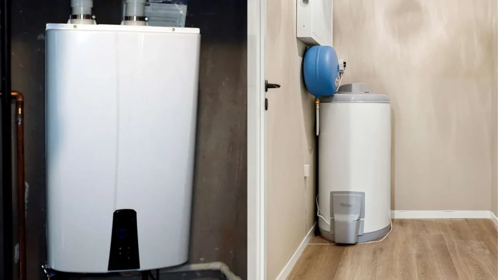tankless water heater next to traditional tank water heater in home