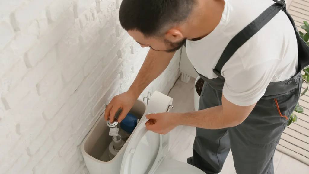Plumber fixing a running toilet tank after flushing