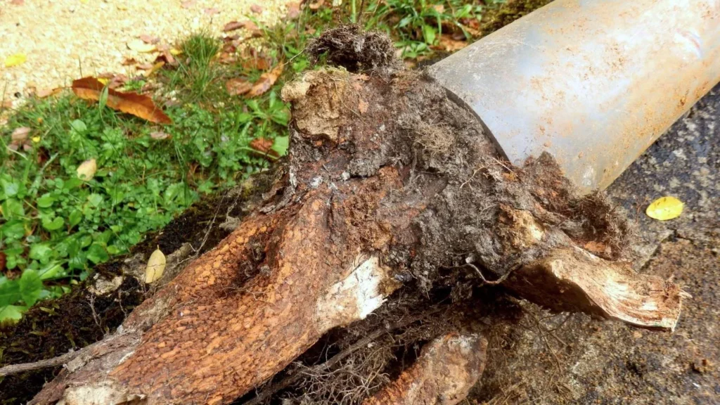 Tree roots growing into and damaging a sewer pipe