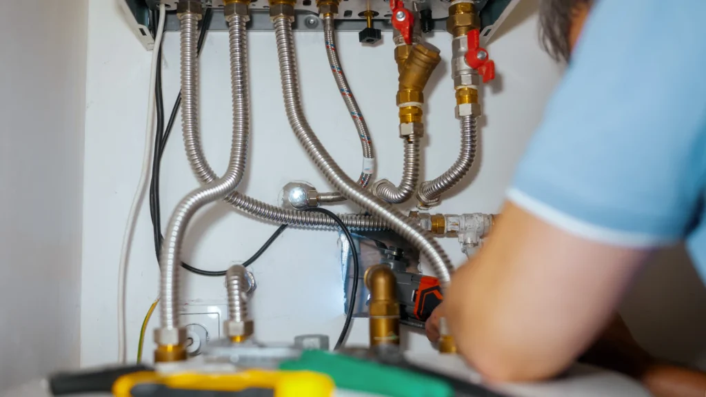 Plumber inspecting water heater connections and piping