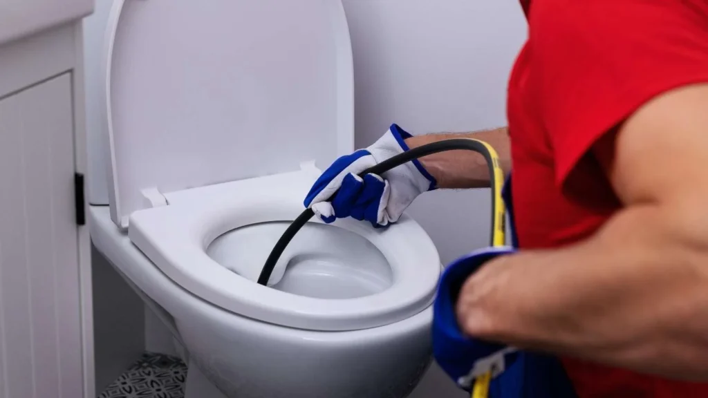 plumber unclogging a toilet using professional tools in bathroom